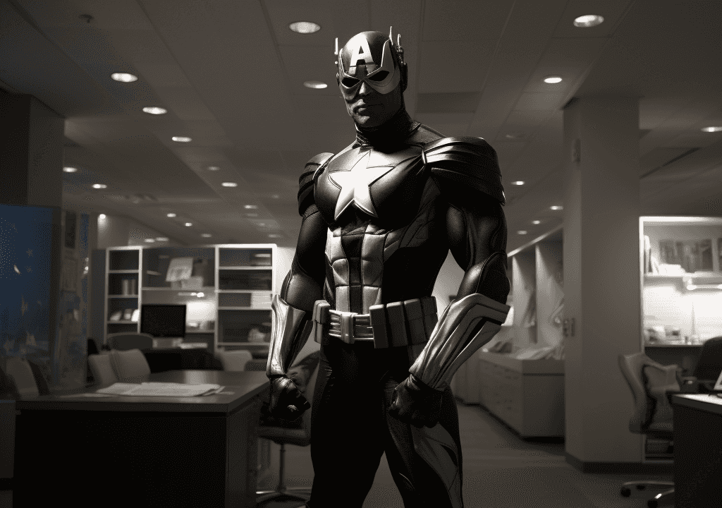 Ein Superheld steht in einem Bürogebäude des Nachts und ist sich seiner moralischen Überlegenheit bewusst.