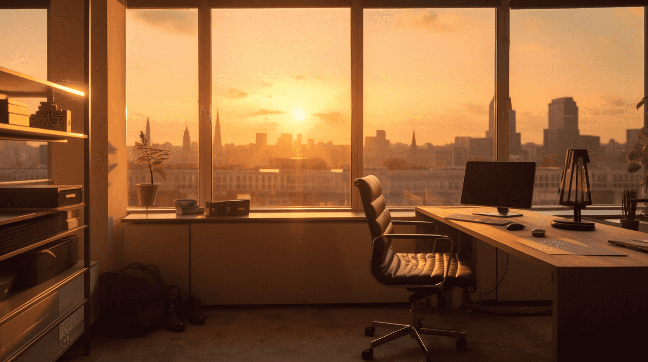 An office space in the evening light, which has a protected and unsafe appearance at the same time