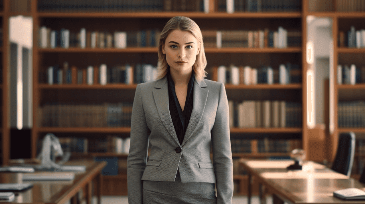 A female lawyer stands in a bright, classically furnished room that reflects the charm of a courtroom or a time-honoured law firm