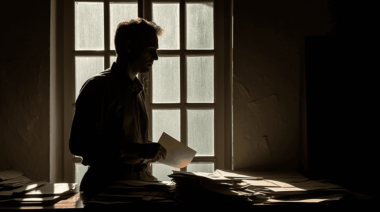 A whistleblower in an underexposed room carrying documents