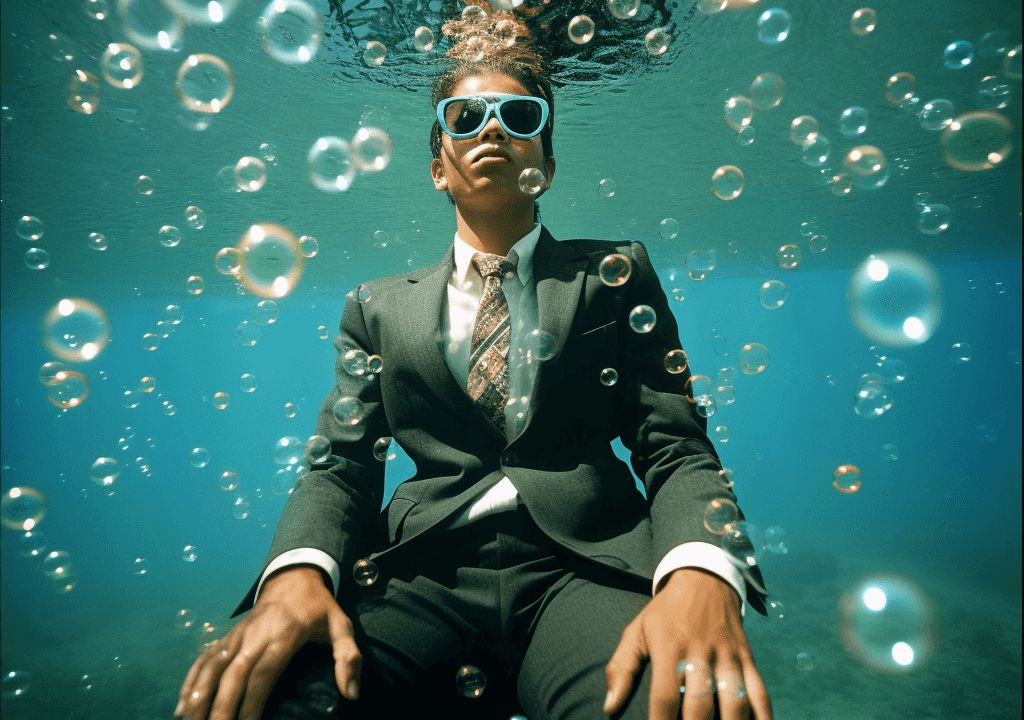 A business person sits in a pool and the bubbles of truth rise.