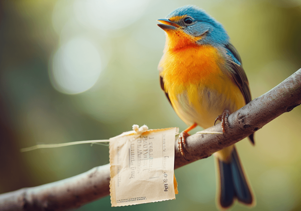 A bird sits on a branch to which an extract of a legal text is attached.